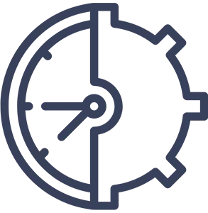 Pictogram of a clock with the right half of a gear wheel